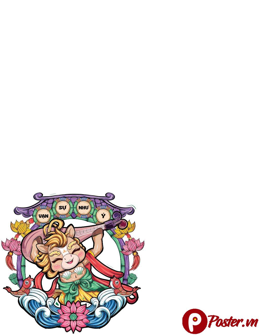 Vector linh vật hoạt hình chibi dễ thương cầm đàn tỳ bà, hoa sen và cá, với lời chúc Vạn Sự Như Ý trên khung vòm truyền thống, màu sắc tươi sáng, phong cách Á Đông.