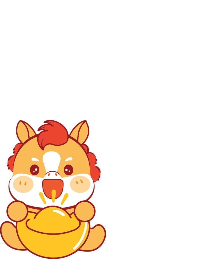 Linh vật hoạt hình đáng yêu hình ngựa/kỳ lân con màu cam, vàng, đỏ, đang ngồi ôm một thỏi vàng lớn (kim nguyên bảo) trên nền trắng tinh khiết, mang ý nghĩa may mắn và tài lộc.