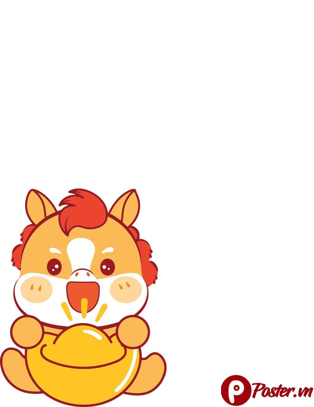 Linh vật hoạt hình đáng yêu hình ngựa/kỳ lân con màu cam, vàng, đỏ, đang ngồi ôm một thỏi vàng lớn (kim nguyên bảo) trên nền trắng tinh khiết, mang ý nghĩa may mắn và tài lộc.