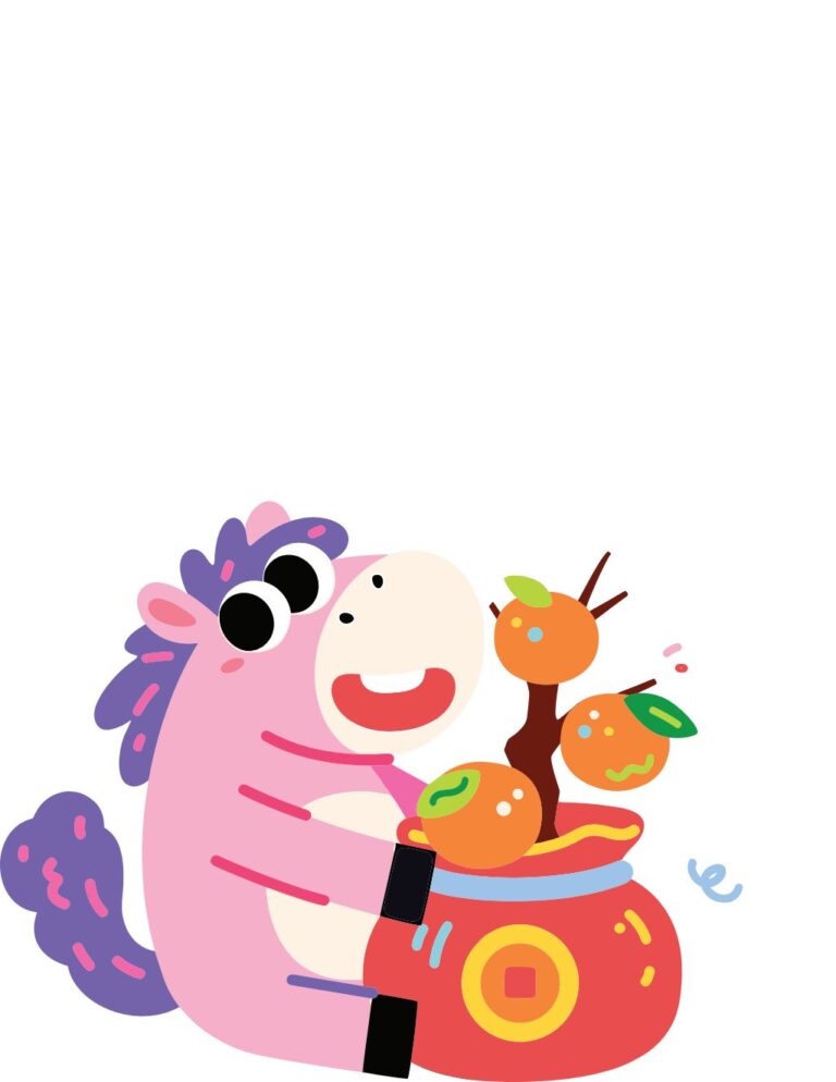 Linh vật hoạt hình màu hồng ôm chậu quýt Tết, phong cách flat design ngộ nghĩnh, file EPS chất lượng cao.