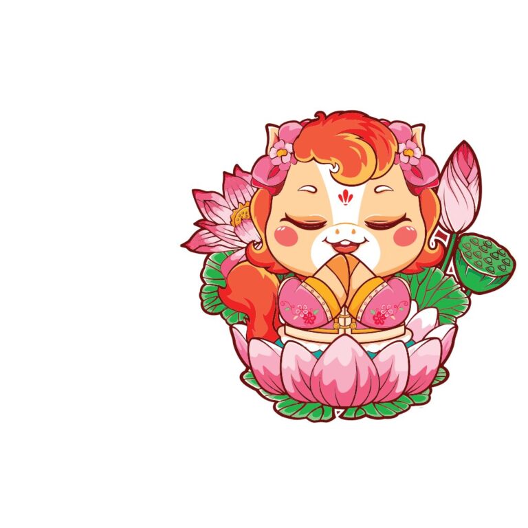 Linh vật chibi đáng yêu thiền định trên đóa hoa sen nở rộ, phong cách hoạt hình màu hồng và xanh lá cây, mang đến sự bình an và thanh tịnh.