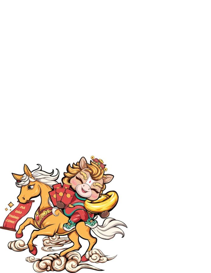 Vector hoạt hình chibi ngựa vàng phi nước đại mang linh vật may mắn ôm thỏi vàng và phong bao lì xì, kèm chữ 'MÃ ĐÁO THÀNH CÔNG' trên nền mây trắng, đậm chất Tết Nguyên Đán và tài lộc.