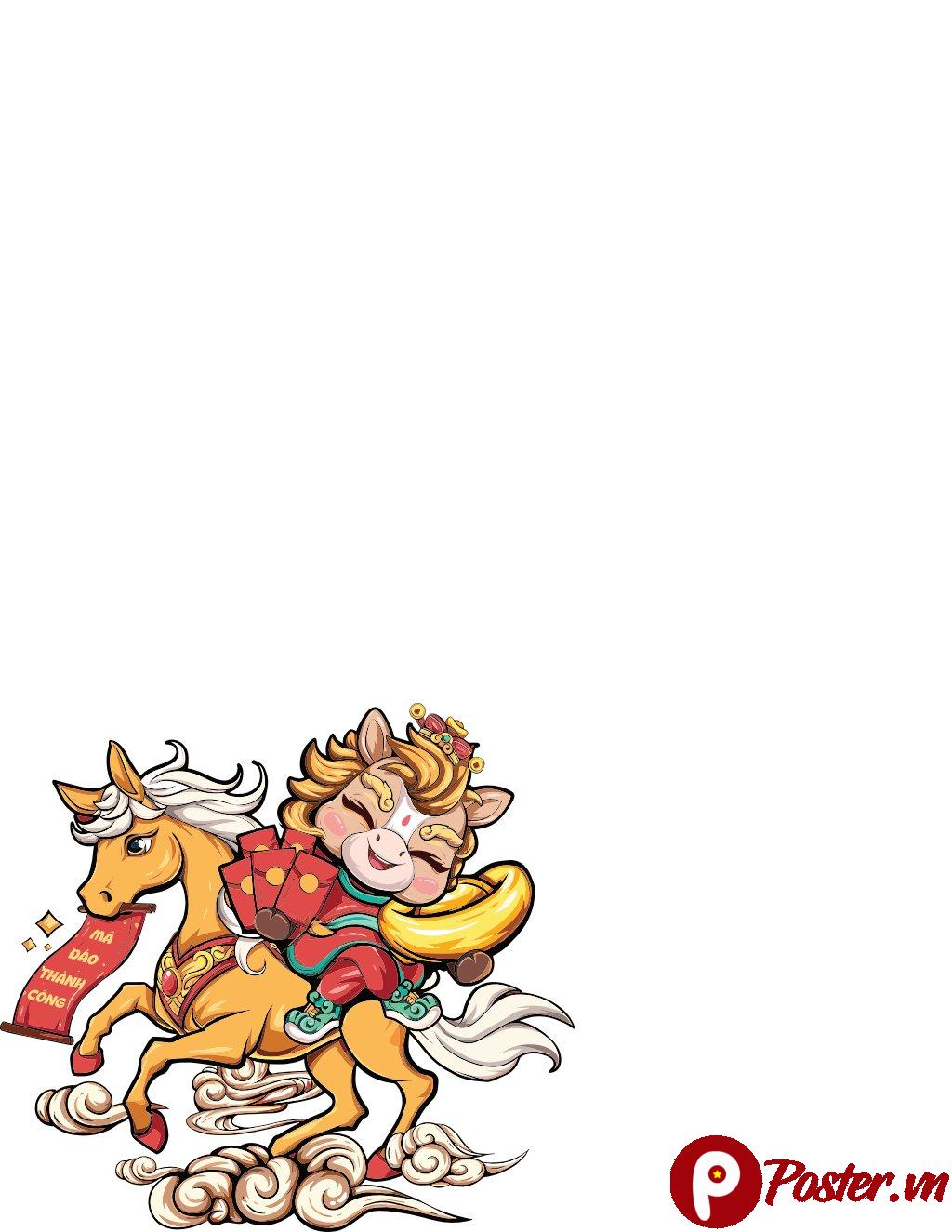 Vector hoạt hình chibi ngựa vàng phi nước đại mang linh vật may mắn ôm thỏi vàng và phong bao lì xì, kèm chữ 'MÃ ĐÁO THÀNH CÔNG' trên nền mây trắng, đậm chất Tết Nguyên Đán và tài lộc.