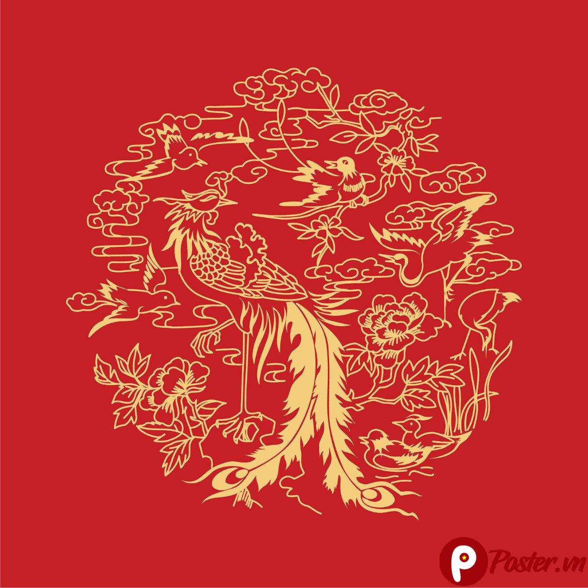 Vector chim phượng hoàng vàng trên nền đỏ