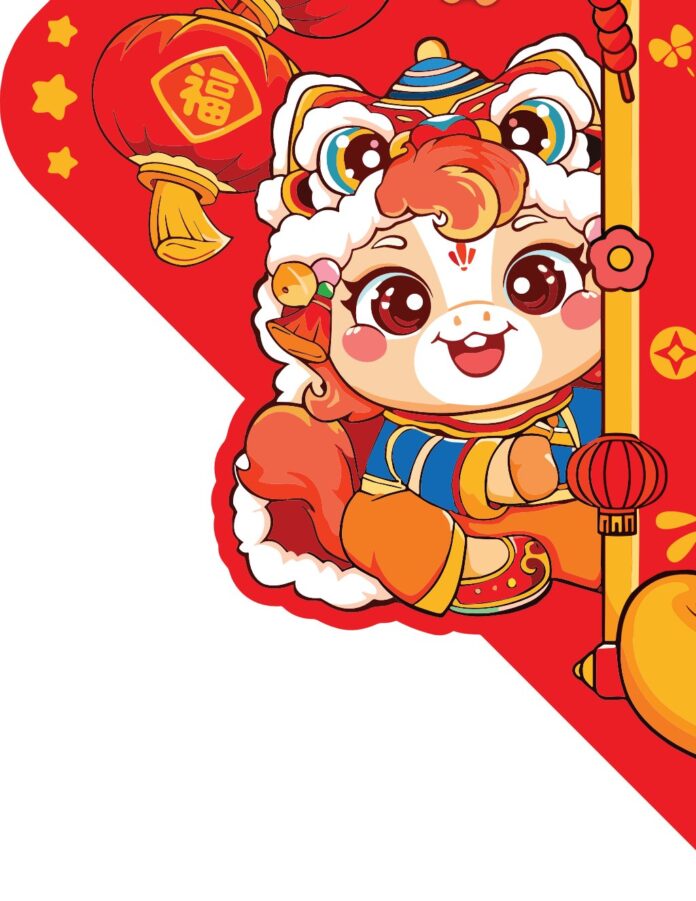 Vector múa lân chibi dễ thương, linh vật hoạt hình đội lân cùng đèn lồng chữ Phúc, không khí Tết Nguyên Đán rực rỡ, màu sắc tươi sáng