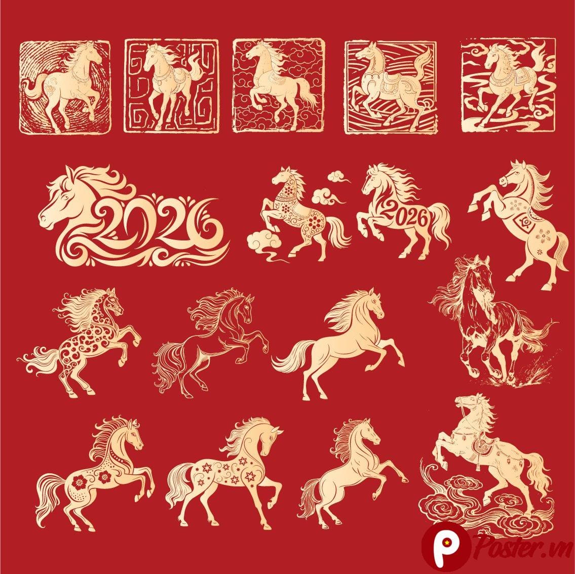 Bộ sưu tập vector ngựa Bính Ngọ 2026 phong cách tem triện và thư pháp màu vàng trên nền đỏ