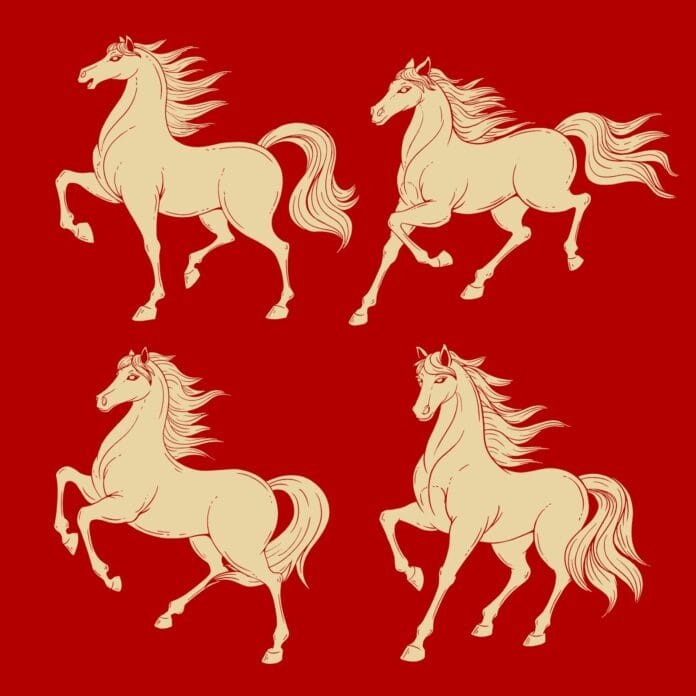 Vector Ngựa Bính Ngọ 2026 màu vàng trên nền đỏ, bộ 4 con ngựa tư thế chạy và tung vó