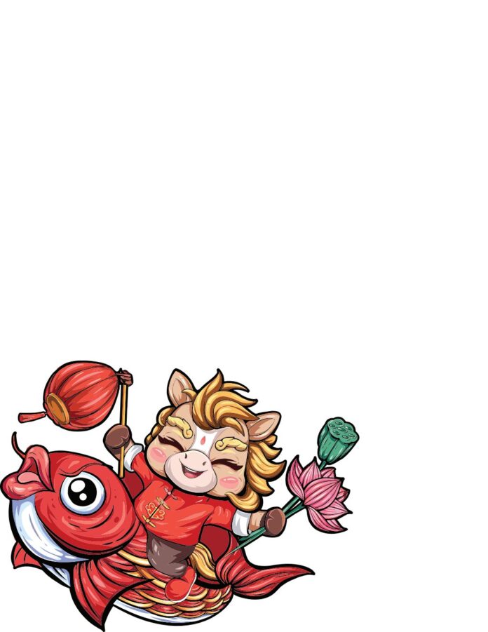 Vector ngựa chép sum vầy chibi hoạt hình đáng yêu cho thiết kế Tết Nguyên Đán, file EPS chất lượng cao