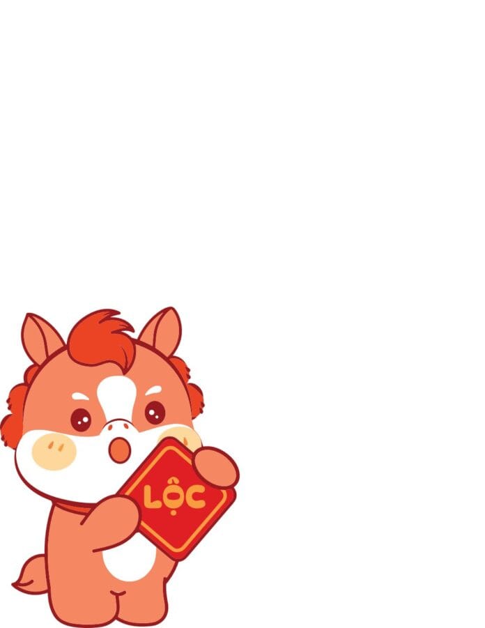 Vector chú ngựa chibi màu cam cầm bảng chữ Lộc đỏ may mắn