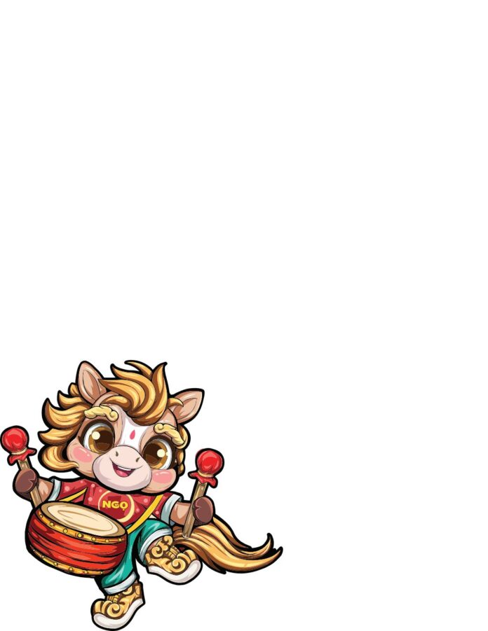 Vector hình ảnh ngựa chibi đáng yêu màu đỏ đang đánh trống trong trang phục lễ hội, phong cách hoạt hình Á Đông.