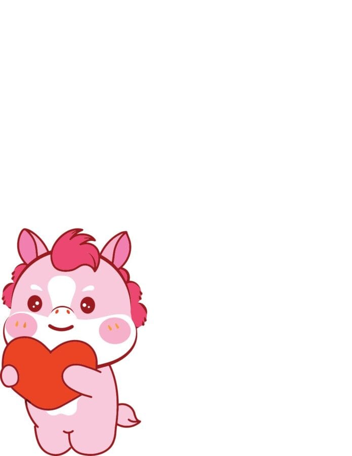 Vector ngựa chibi hồng đáng yêu ôm trái tim đỏ, phong cách hoạt hình dễ thương