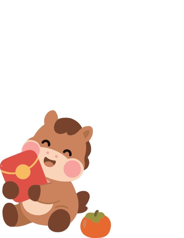 Vector ngựa Chibi dễ thương ôm lì xì đỏ, phong cách hoạt hình tươi sáng, phù hợp cho thiết kế Tết Nguyên Đán. Có quả quýt cam bên cạnh. Nền trắng.