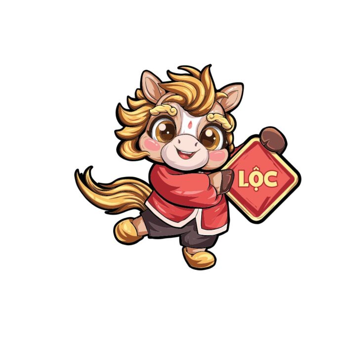 Vector ngựa chibi dễ thương màu đỏ vàng cầm bảng chữ Lộc cho Tết Nguyên Đán trên nền trắng