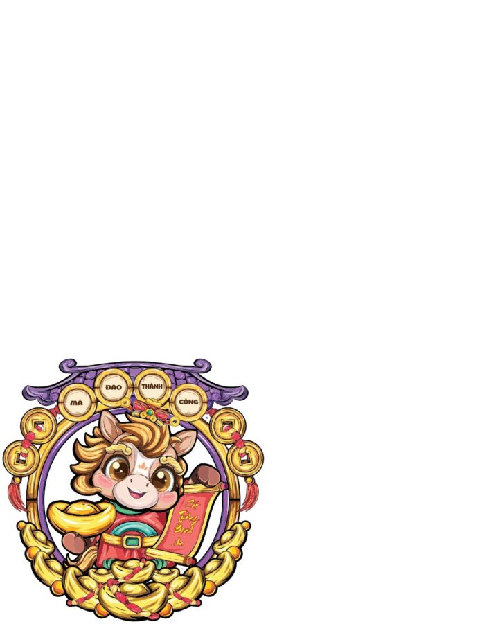 Vector chú ngựa chibi đáng yêu ôm thỏi vàng với câu chúc 'Mã Đáo Thành Công' và 'Tài Lộc Đầy Nhà', nổi bật với màu vàng, đỏ, tím trên nền khung cổ điển, phù hợp cho thiết kế Tết và phong thủy.