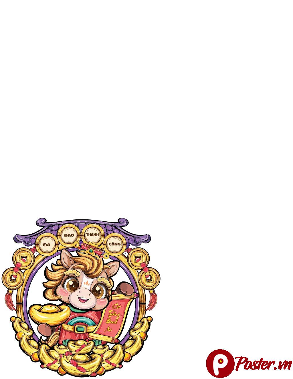 Vector chú ngựa chibi đáng yêu ôm thỏi vàng với câu chúc 'Mã Đáo Thành Công' và 'Tài Lộc Đầy Nhà', nổi bật với màu vàng, đỏ, tím trên nền khung cổ điển, phù hợp cho thiết kế Tết và phong thủy.