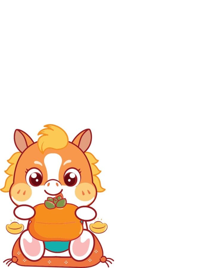 Vector ngựa Chibi dễ thương ôm thỏi vàng may mắn, phong cách hoạt hình màu sắc tươi sáng, định dạng EPS chất lượng cao.