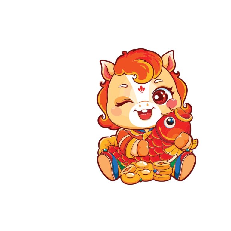Vector ngựa chibi đáng yêu ôm cá chép vàng và thỏi vàng, biểu tượng may mắn thịnh vượng cho thiết kế Tết Nguyên Đán, file AI chất lượng cao.