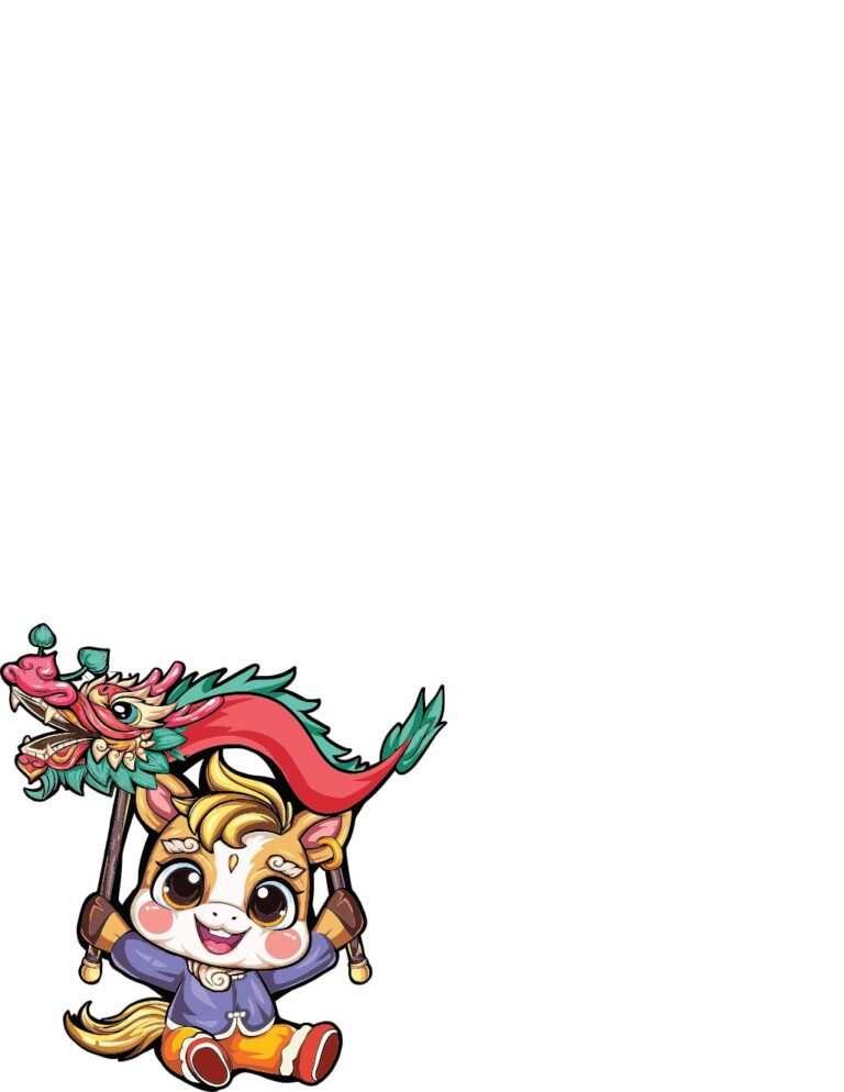 Vector hoạt hình chú ngựa con Chibi đáng yêu mặc trang phục truyền thống, cầm mô hình rồng múa đầy màu sắc, trên nền trắng, thể hiện không khí Tết Nguyên Đán vui tươi.