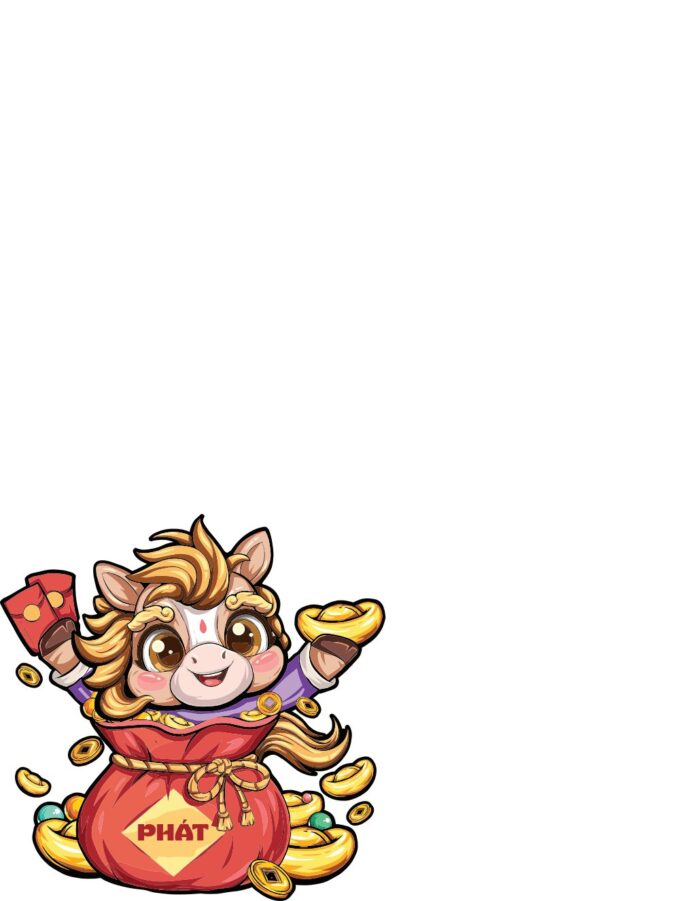 Chú ngựa Chibi phát tài cầm bao lì xì và thỏi vàng, chữ PHÁT trên túi tiền đỏ, phong cách vector EPS cho Tết Nguyên Đán