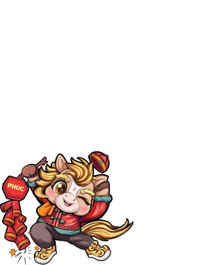 Vector chú ngựa chibi Phúc vui vẻ, cầm pháo và mũ đỏ, biểu tượng Tết Nguyên Đán, màu sắc rực rỡ.