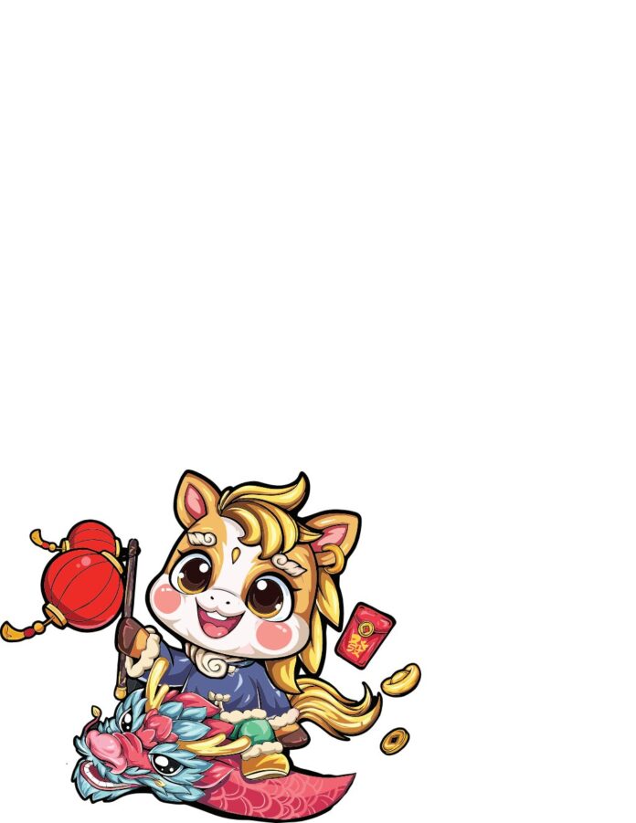 Vector ngựa chibi cưỡi rồng vàng, đèn lồng, lì xì Tết may mắn trên nền trắng