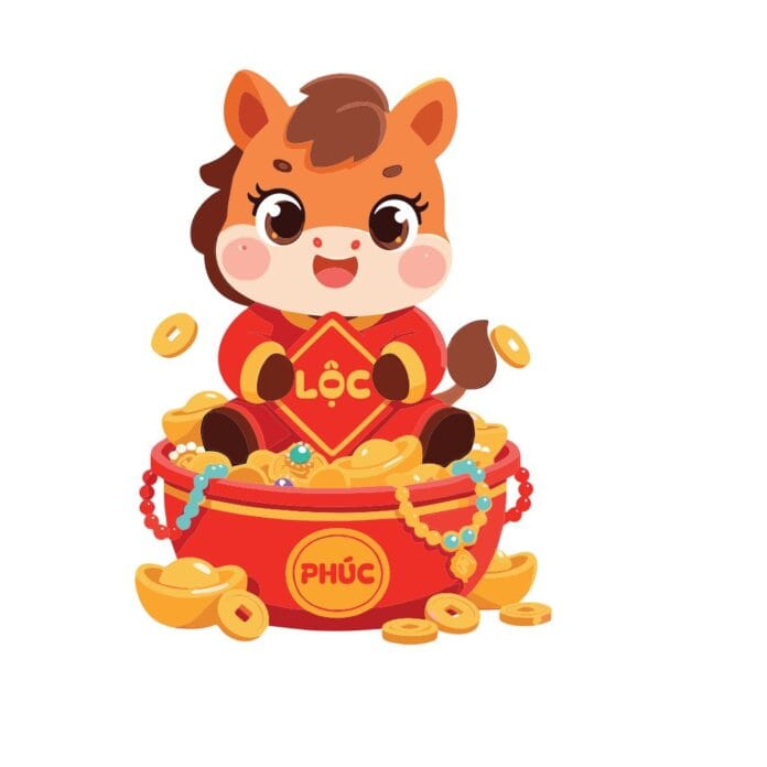 Vector ngựa chibi đáng yêu màu cam ôm biển chữ Lộc, ngồi trong giỏ Phúc đầy tiền vàng và thỏi vàng, phong cách hoạt hình, màu đỏ vàng tươi sáng, biểu tượng tài lộc may mắn cho Tết Nguyên Đán.
