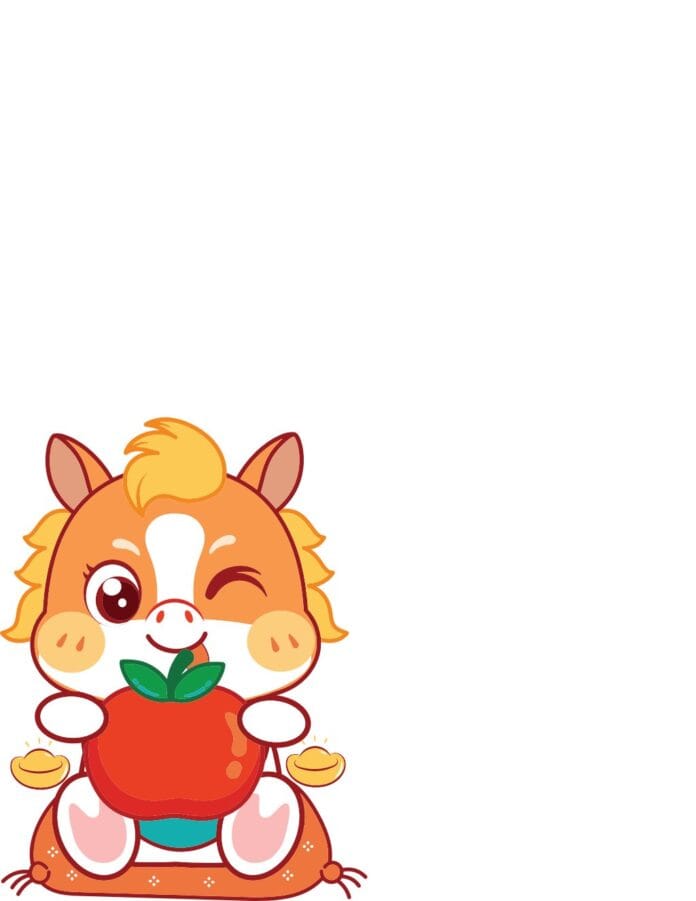 Vector ngựa chibi đáng yêu ôm táo đỏ và thỏi vàng, biểu tượng tài lộc may mắn trên nền trắng