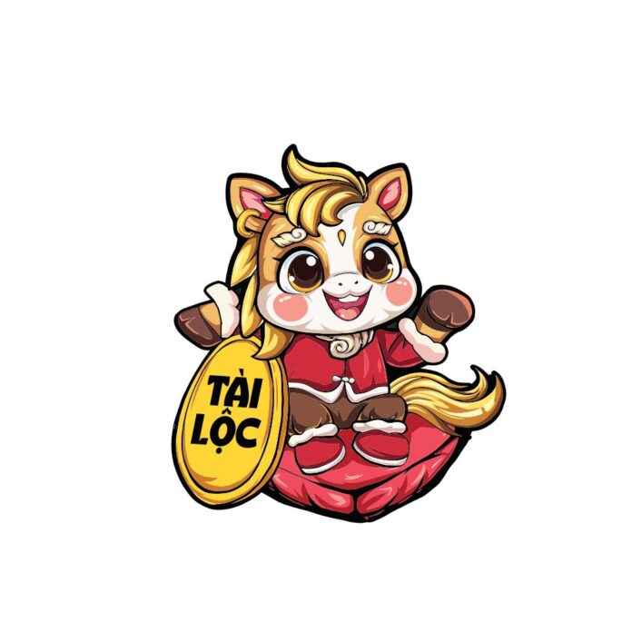 Vector ngựa chibi đáng yêu màu đỏ vàng cầm chữ Tài Lộc, biểu tượng may mắn thịnh vượng cho thiết kế Tết