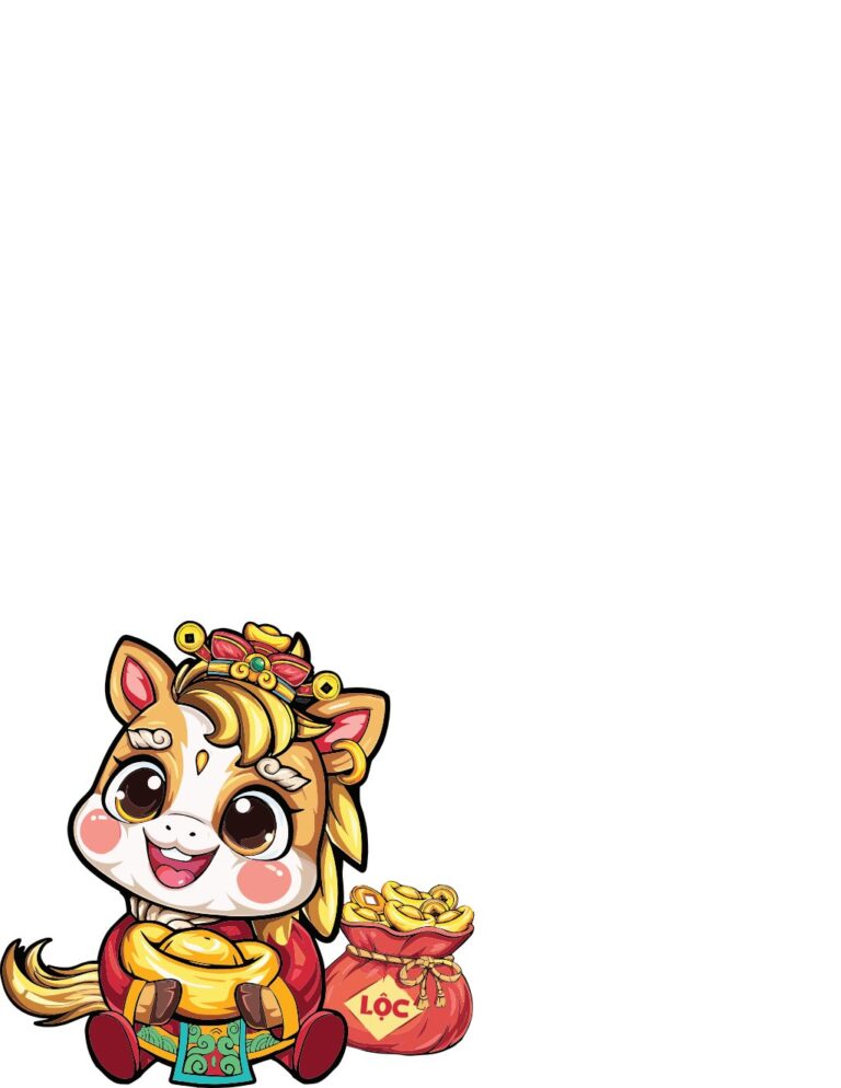 Hình ảnh vector chú ngựa chibi dễ thương ôm thỏi vàng và túi lộc, đội vương miện, với nền trắng, tượng trưng cho may mắn và tài lộc, phù hợp cho thiết kế Tết Nguyên Đán.