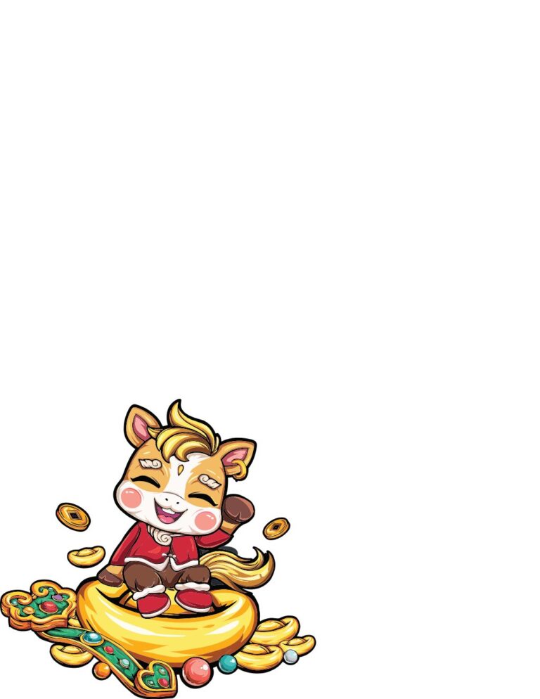 Vector chú ngựa chibi trắng đáng yêu ngồi trên thỏi vàng kim nguyên bảo, bao quanh là đồng tiền vàng và gậy như ý, mang ý nghĩa tài lộc, may mắn và thịnh vượng. Minh họa hoạt hình vui tươi cho Tết Nguyên Đán và chúc mừng.