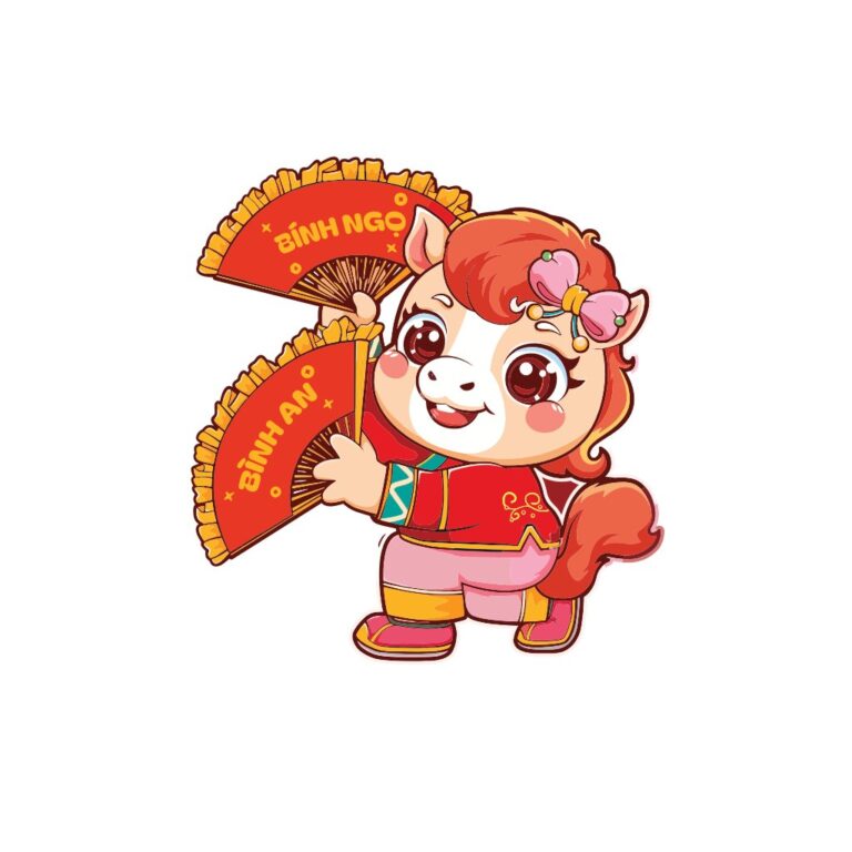 Vector ngựa chibi đáng yêu cầm quạt Tết Bính Ngọ Bình An