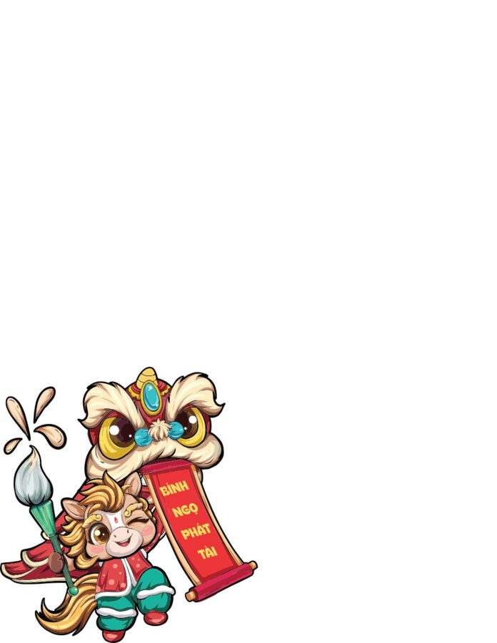 Vector ngựa chibi dễ thương đón Tết Bính Ngọ Phát Tài, với đầu lân và cuộn thư pháp màu đỏ, phong cách hoạt hình tươi sáng.