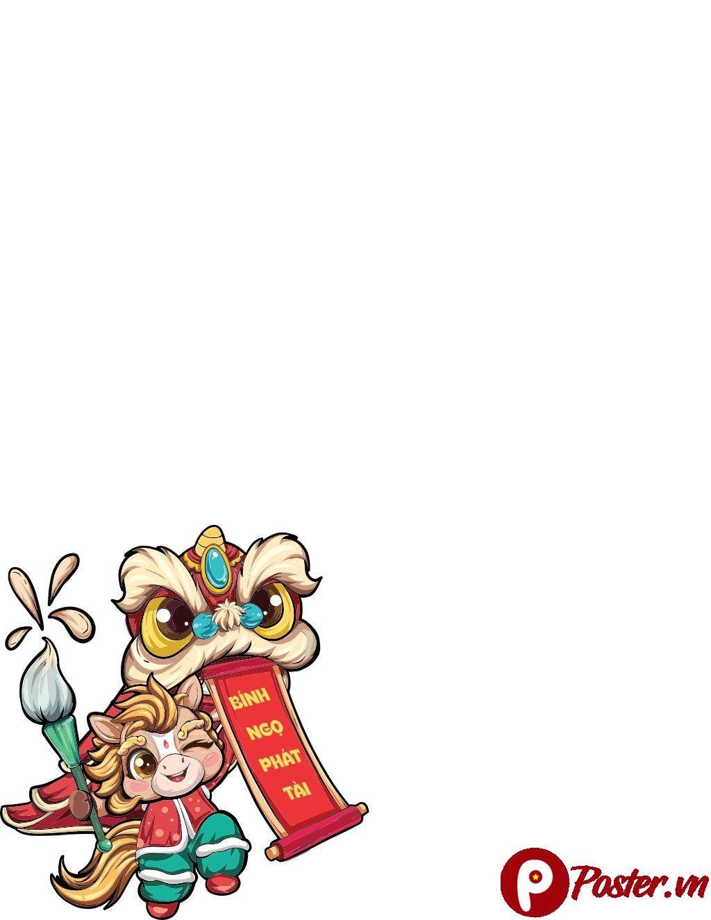 Vector ngựa chibi dễ thương đón Tết Bính Ngọ Phát Tài, với đầu lân và cuộn thư pháp màu đỏ, phong cách hoạt hình tươi sáng.