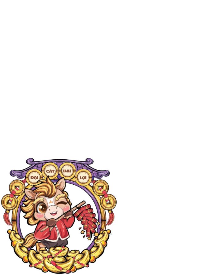 Vector Ngựa Chibi Tết Đại Cát Đại Lợi EPS phong cách hoạt hình, màu vàng đỏ tím tươi sáng, có pháo và thỏi vàng, may mắn tài lộc