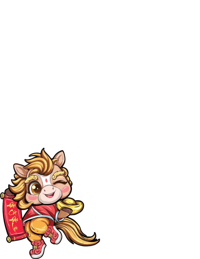 Vector ngựa chibi đáng yêu màu vàng và đỏ, cầm thỏi vàng và cuộn thư pháp Đại Cát Đại Lợi, mừng Tết Nguyên Đán