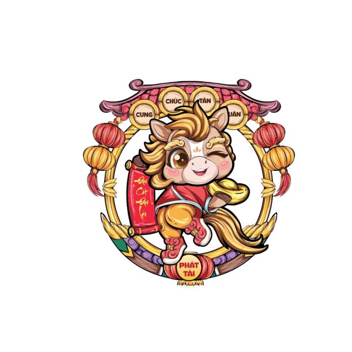 Vector ngựa chibi đáng yêu mặc áo dài đỏ ôm câu đối và thỏi vàng trong khung trang trí Tết Nguyên Đán với lồng đèn Phát Tài.