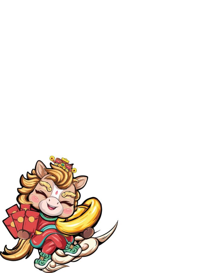 Vector Ngựa Chibi Tết May Mắn màu đỏ vàng trên đám mây, ôm lì xì và gậy như ý, phong cách hoạt hình đáng yêu.