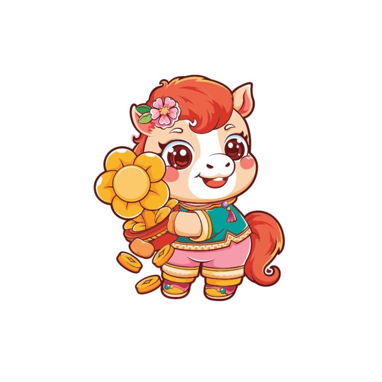 Vector chú ngựa chibi đáng yêu màu cam đất, xanh ngọc và hồng, ôm chậu cây vàng kim và tiền xu, trong trang phục truyền thống cách điệu cho dịp Tết.