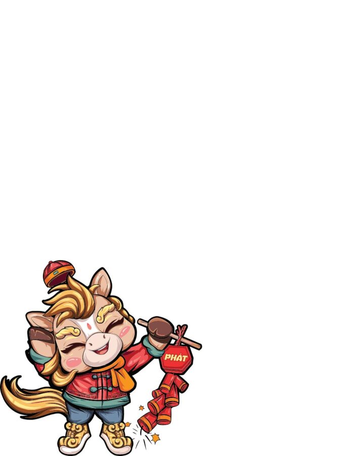 Vector ngựa chibi hoạt hình dễ thương mừng Tết, tay cầm bó pháo đỏ có chữ PHÁT, màu sắc tươi sáng, nền trắng.