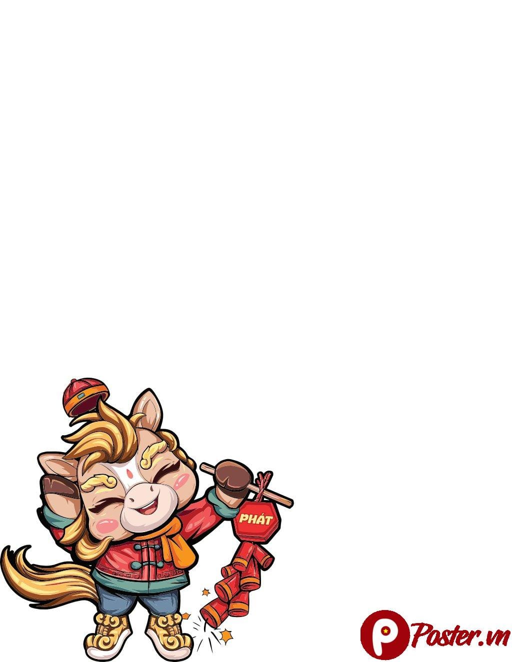 Vector ngựa chibi hoạt hình dễ thương mừng Tết, tay cầm bó pháo đỏ có chữ PHÁT, màu sắc tươi sáng, nền trắng.