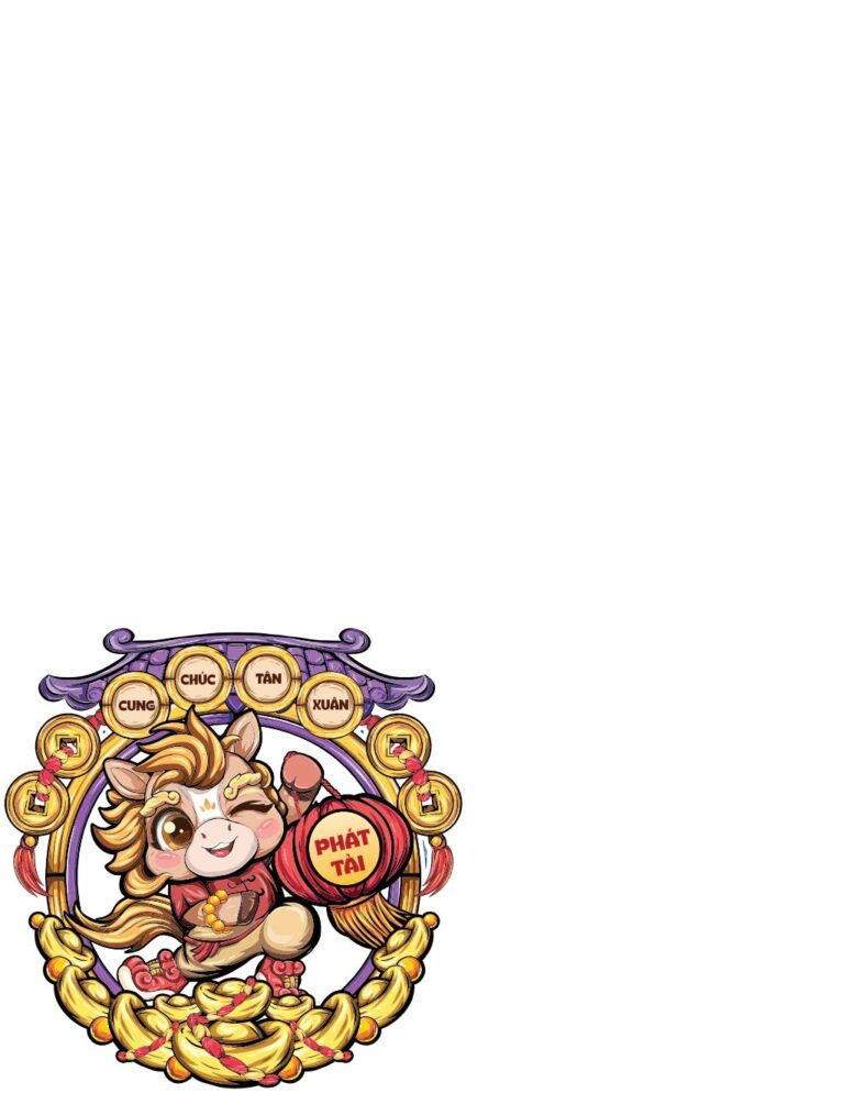 Vector ngựa chibi đáng yêu cầm đèn lồng Phát Tài đứng trên thỏi vàng, xung quanh là đồng xu cổ và chữ Cung Chúc Tân Xuân, phong cách hoạt hình màu vàng đỏ tươi sáng cho Tết Nguyên Đán.