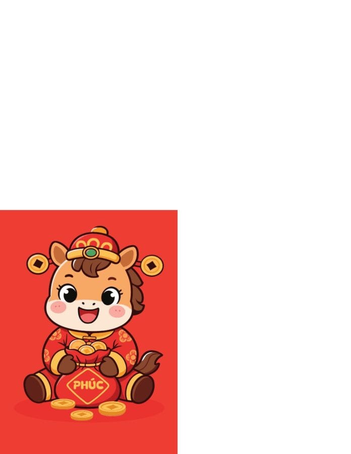 Vector ngựa chibi đáng yêu mặc đồ truyền thống ôm túi phúc, xung quanh có đồng tiền vàng trên nền đỏ, biểu tượng may mắn Tết Nguyên Đán.