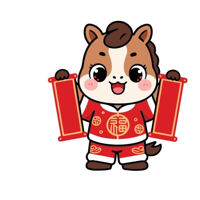 Vector linh vật ngựa chibi cầm câu đối đỏ, mặc áo chữ Phúc vàng kim, mang không khí Tết may mắn.