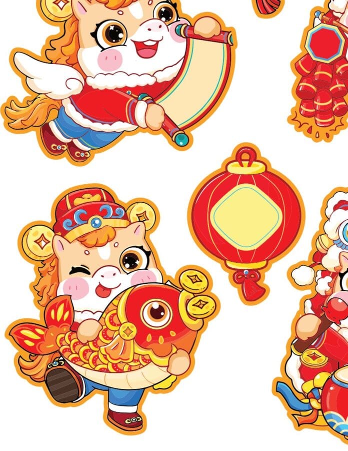 Bộ vector ngựa chibi tết cưỡi cá chép và cầm câu đối đỏ