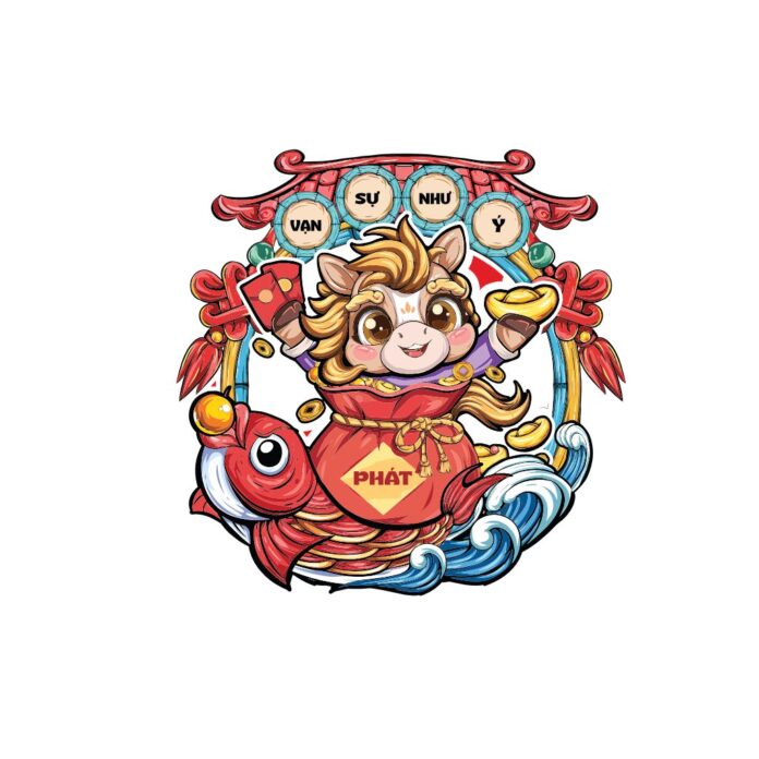 Vector chú ngựa chibi vàng kim cầm bao lì xì và thỏi vàng, ngồi trên túi tiền 'PHÁT' đỏ, có cá chép và khung truyền thống 'VẠN SỰ NHƯ Ý' cho Tết Nguyên Đán.