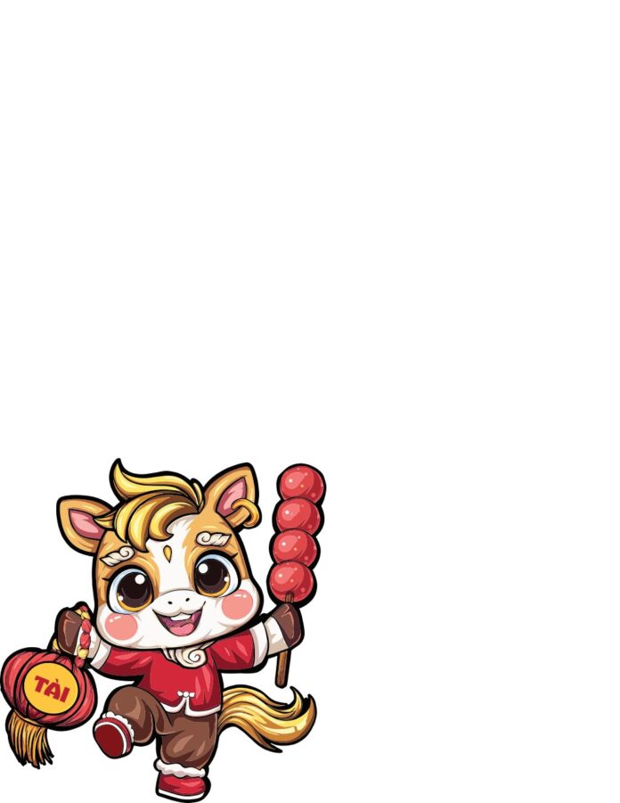 Vector ngựa chibi đáng yêu cầm đèn lồng chữ Tài và kẹo hồ lô, trang phục truyền thống Tết Việt Nam, nền trắng