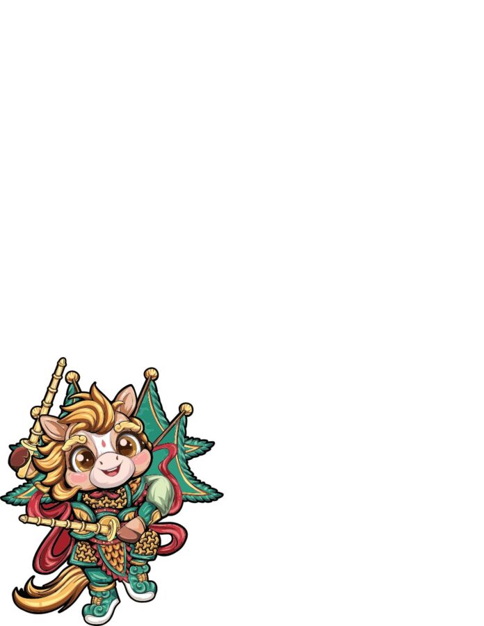 Vector ngựa chiến chibi dễ thương màu xanh ngọc và vàng kim, với giáp và cờ, phong cách hoạt hình anime