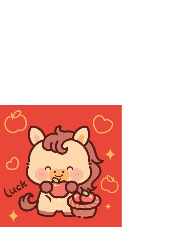 Hình ảnh vector minh họa ngựa con chibi đáng yêu đang cắn quả táo đỏ tươi, miệng cười hạnh phúc, cùng chữ 