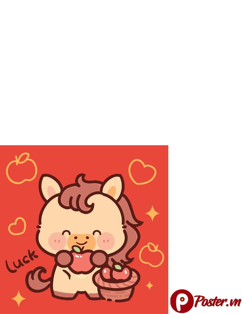 Hình ảnh vector minh họa ngựa con chibi đáng yêu đang cắn quả táo đỏ tươi, miệng cười hạnh phúc, cùng chữ 