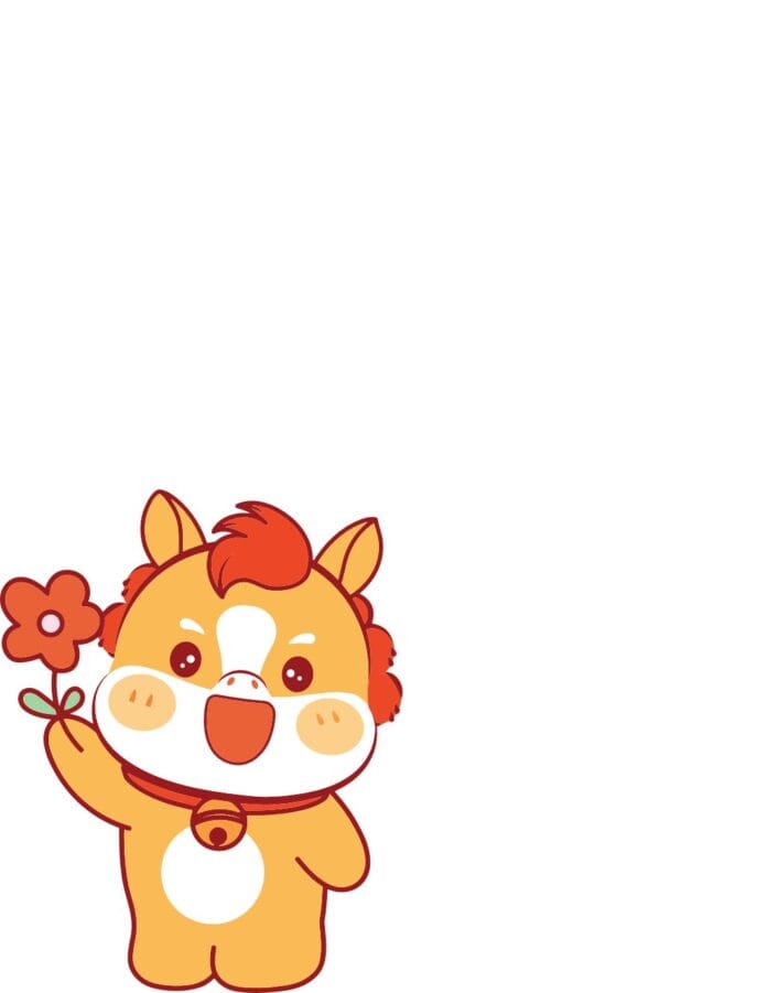 Hình minh họa vector ngựa cute cầm hoa đỏ phong cách chibi màu vàng cam